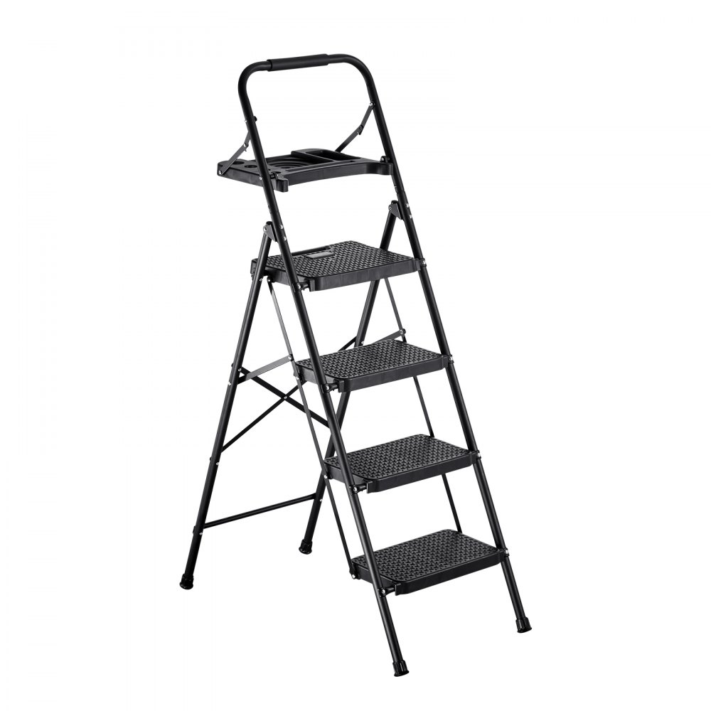 Step Ladder 4 Steps, Folding Ladder with Tool Tray & Comfort Handle, Household Ladder Load Capacity up to 272 kg, Step Ladder, Folding Step, Safety Ladder for Kitchen, Home & Office, Black Step Ladder 4 Steps, Folding Ladder with Tool Tray & Comfort Handle, Household Ladder Load Capacity up to 272 kg, Step Ladder, Folding Step, Safety Ladder for Kitchen, Home & Office, Black
