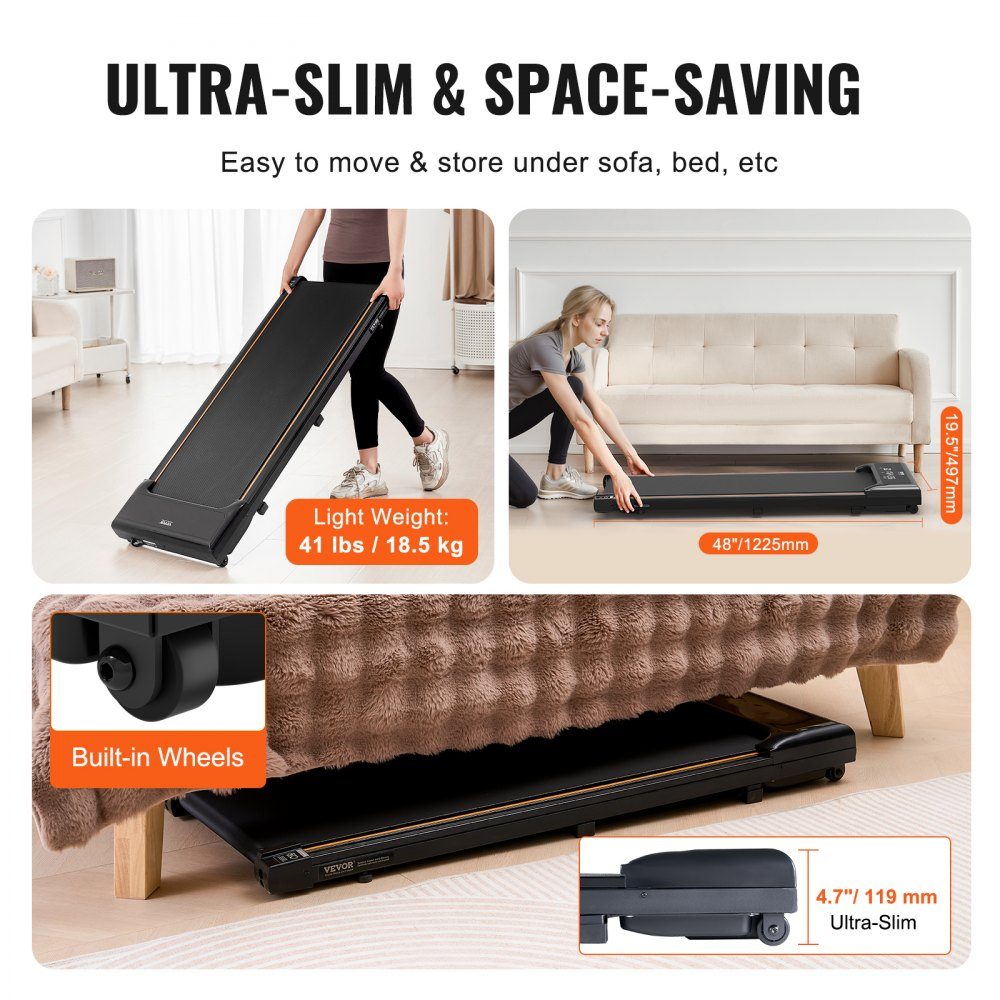 Walking Pad Laufband unter dem Schreibtisch, Laufband für die Arbeit, Arbeitslaufband mit 120 kg Tragkraft, tragbares Pad mit 2,5 PS, Fernbedienung, LED-Anzeige 1-6 km/h, Schwarz