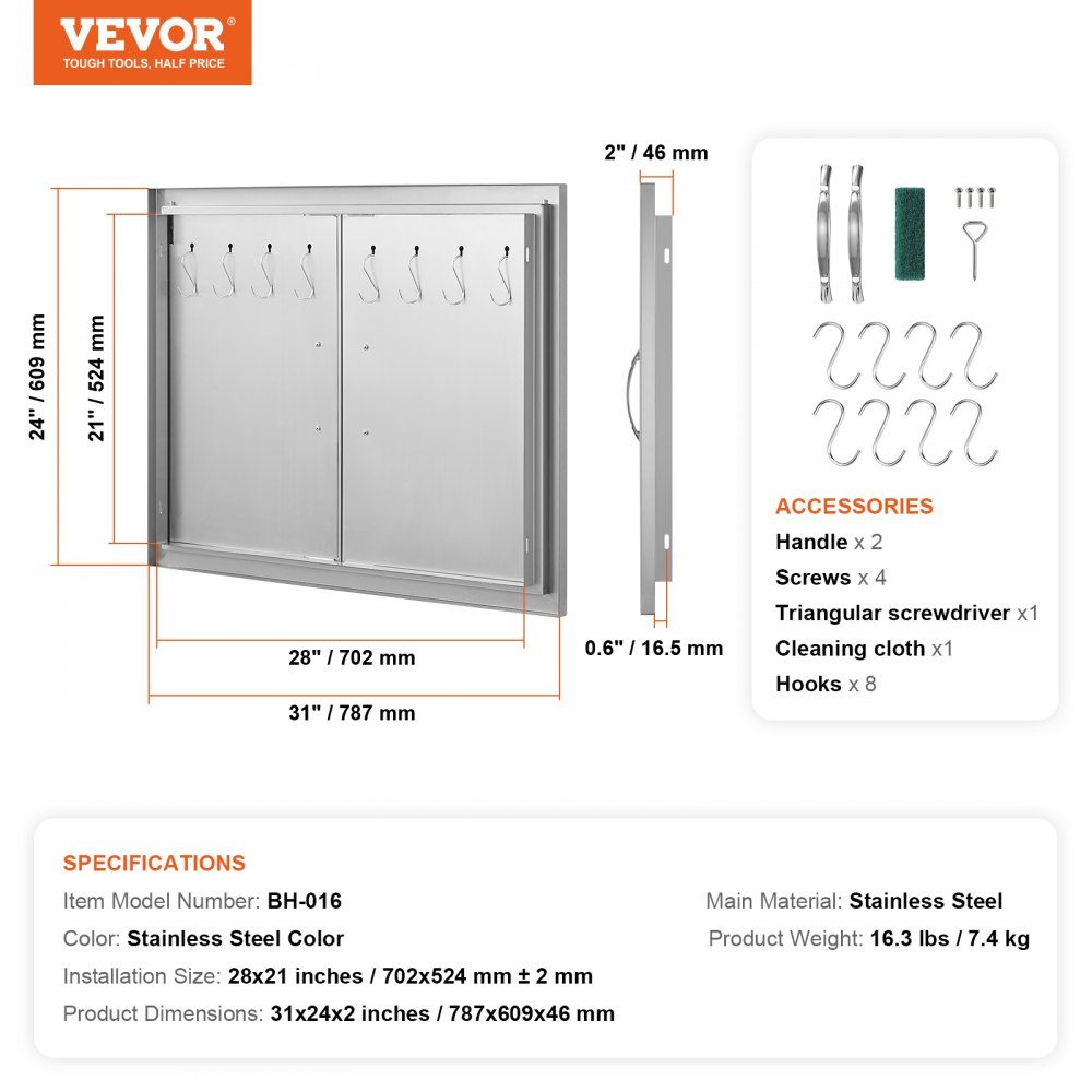 Porte d'accès au gril 787x609mm Double porte de cuisine extérieure encastrée en acier inoxydable Porte verticale à double paroi avec poignées et crochets pour Grill Island Grill Station Armoire extérieure