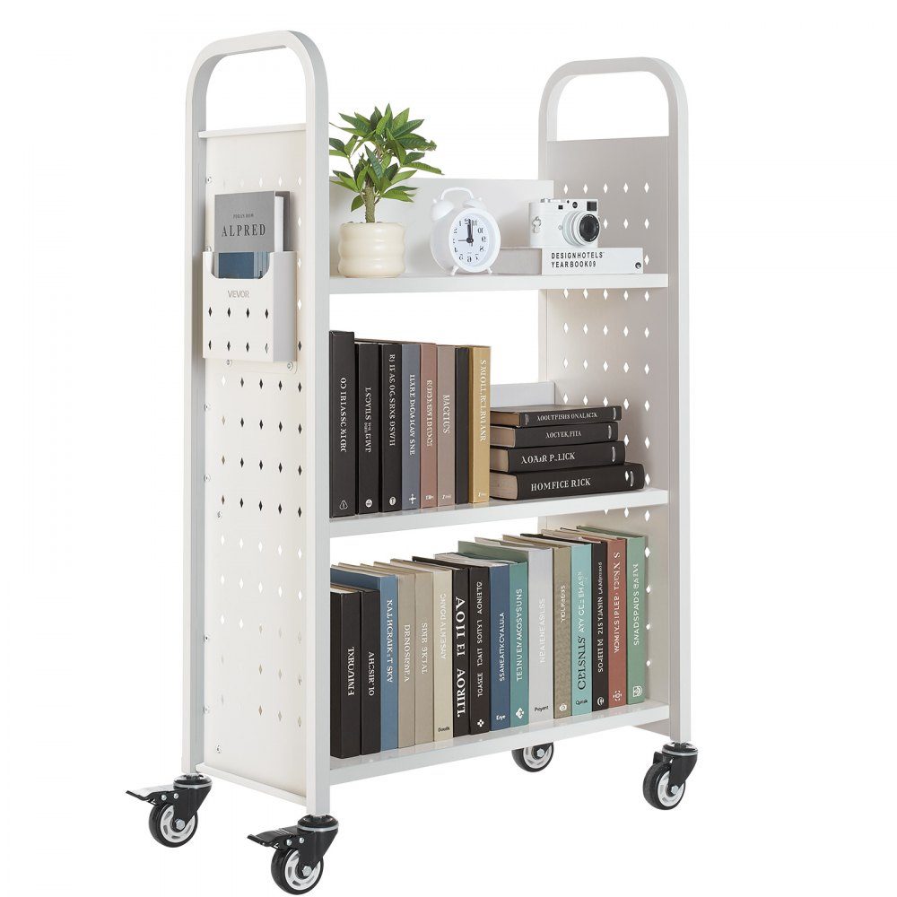 Wózek na książki 150 kg Nośność Wózek biblioteczny 77 x 38 x 122 cm Jednostronny regał w kształcie litery L z podwójnymi kółkami hamulcowymi Wózek na książki do salonu Biuro Szkoła Biały