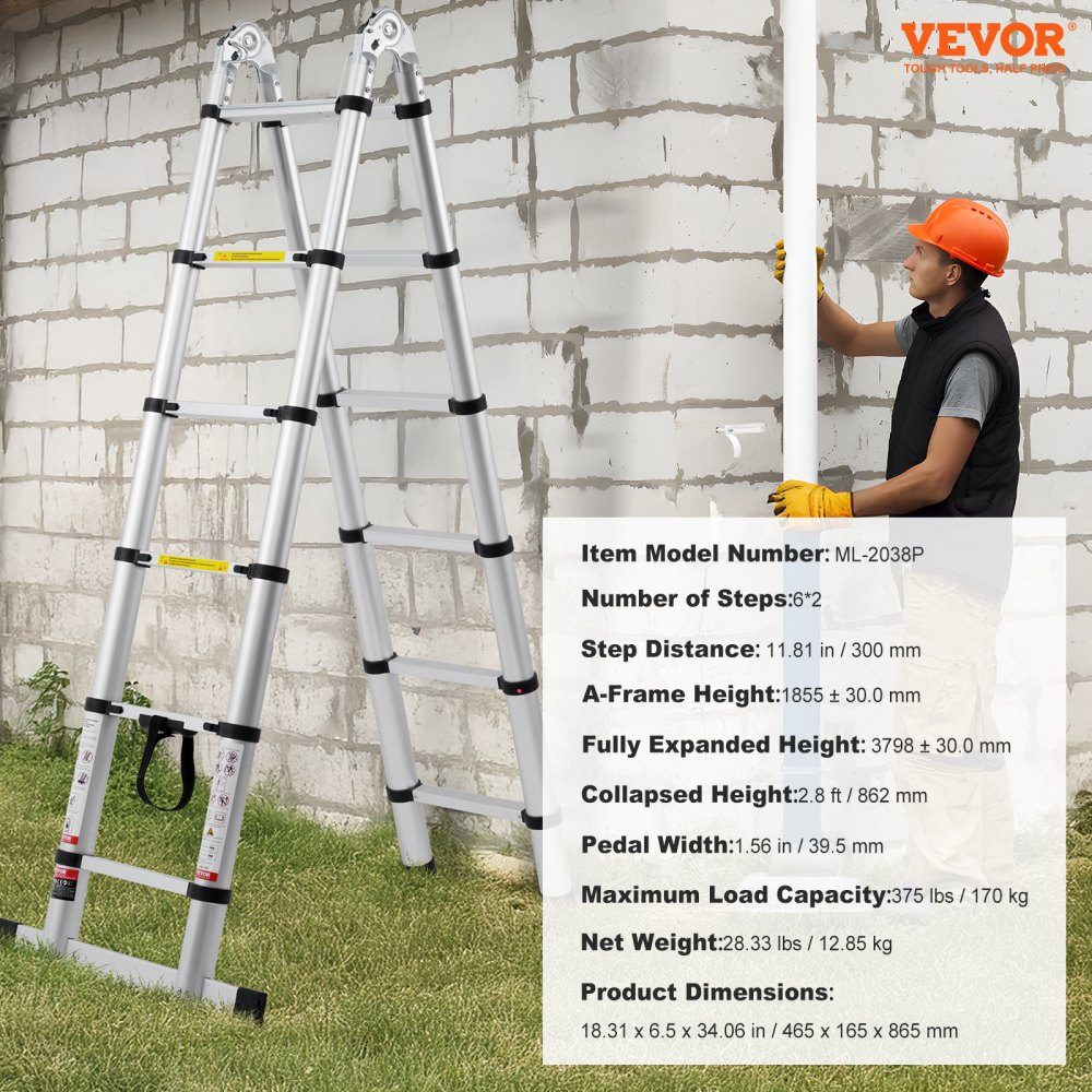 Telescopic Ladder 6-12ft A-Shaped Aluminum Extension Ladder Lightweight Multi-Retract Folding Ladder 300lb Load Capacity with Stabilizer Bar Multi-Purpose Ladders for RV Camper