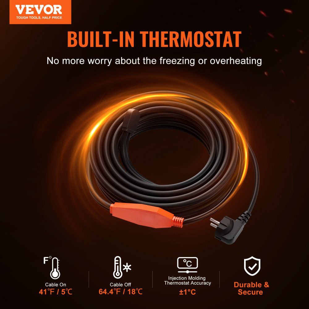 Frost Protection Heating Cable 4m 23W/m Pipe Heating Cable with Built-in Thermostat Pipe Heating Cable to Protect PVC Hoses, Metal & Plastic Pipes from Freezing
