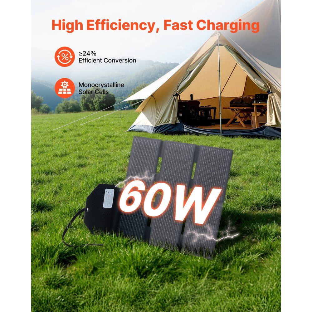 Foldable solar panel 60W, 16BB N-type monocrystalline solar panel with 24% efficiency, solar charger with MC4 output, Type-C, USB-A and DC ports for power stations when camping
