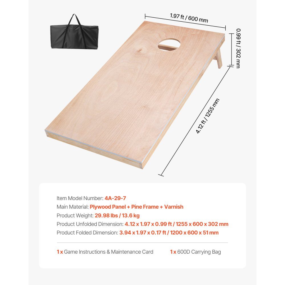 Cornhole Game Set (1255x600x302mm), Cornhole Game Boards, Portable Solid Wood Throwing Board, Cornhole Game for Adults with Carry Bag for Garden, Backyard, Beach, Camping