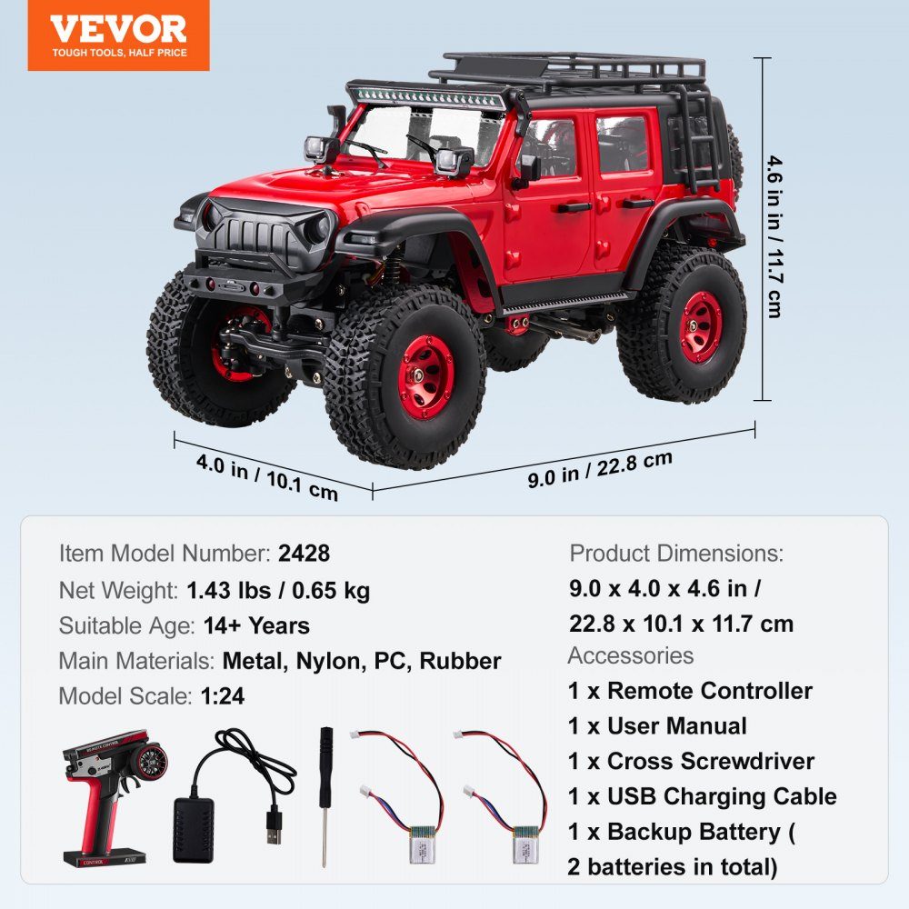 Remote control car, 1:24 scale RC car, all-terrain 4x4 off-road vehicle with full lighting and 2 rechargeable batteries, 2-speed hobby racing car as a gift for children aged 14 and over