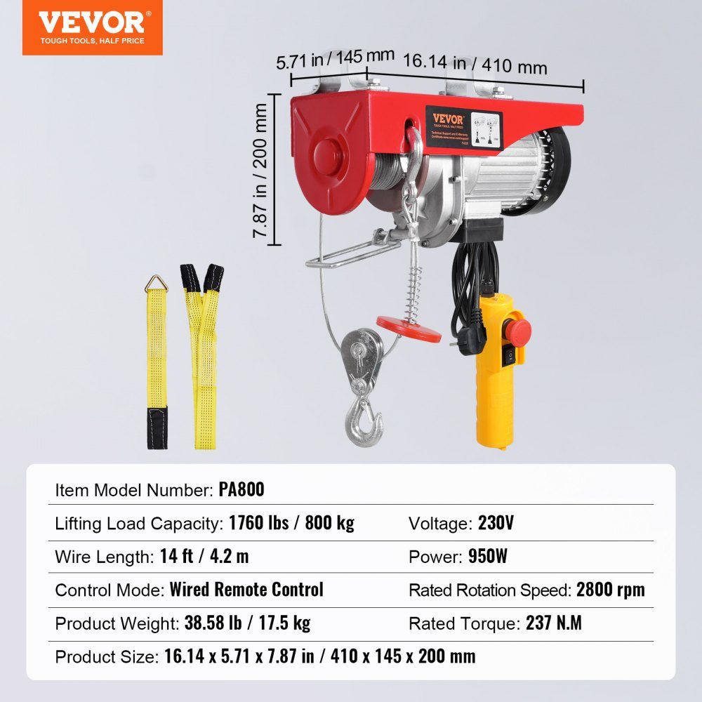 Electric Winch, 800kg Motor Winch with 4.2m Cable Remote Control, 12m Lifting Height with Single Cable, Single/Double Slings, Emergency Stop, Hoist for Garage, Warehouse, Factory
