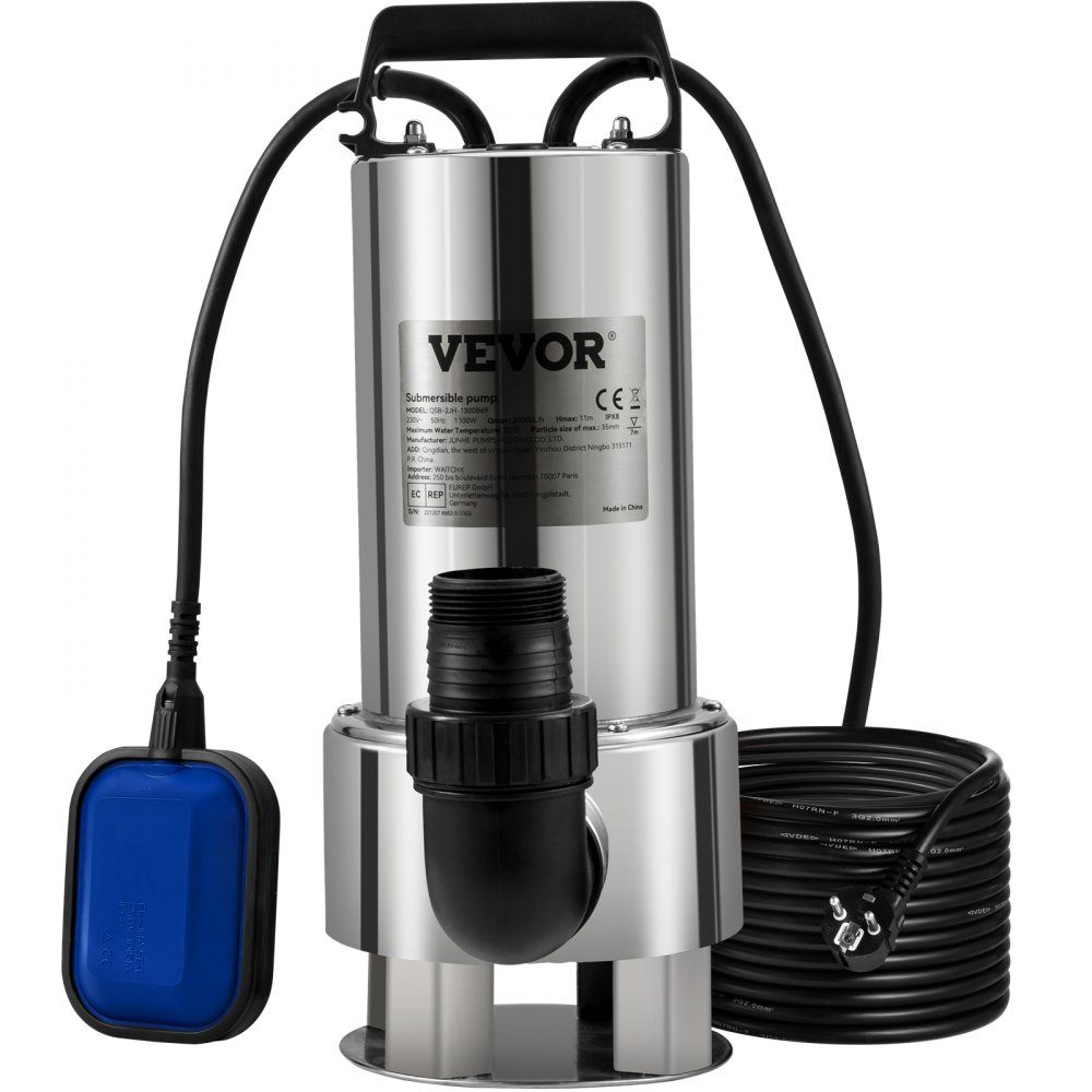 Pompe à eau submersible, 1300 W, 20000 l/h, avec câble de 10 m et interrupteur à flotteur automatique, en acier inoxydable et en fonte pour bassins de jardin, piscines, bains à remous sales ou propres et vides – Réf. HT-24527