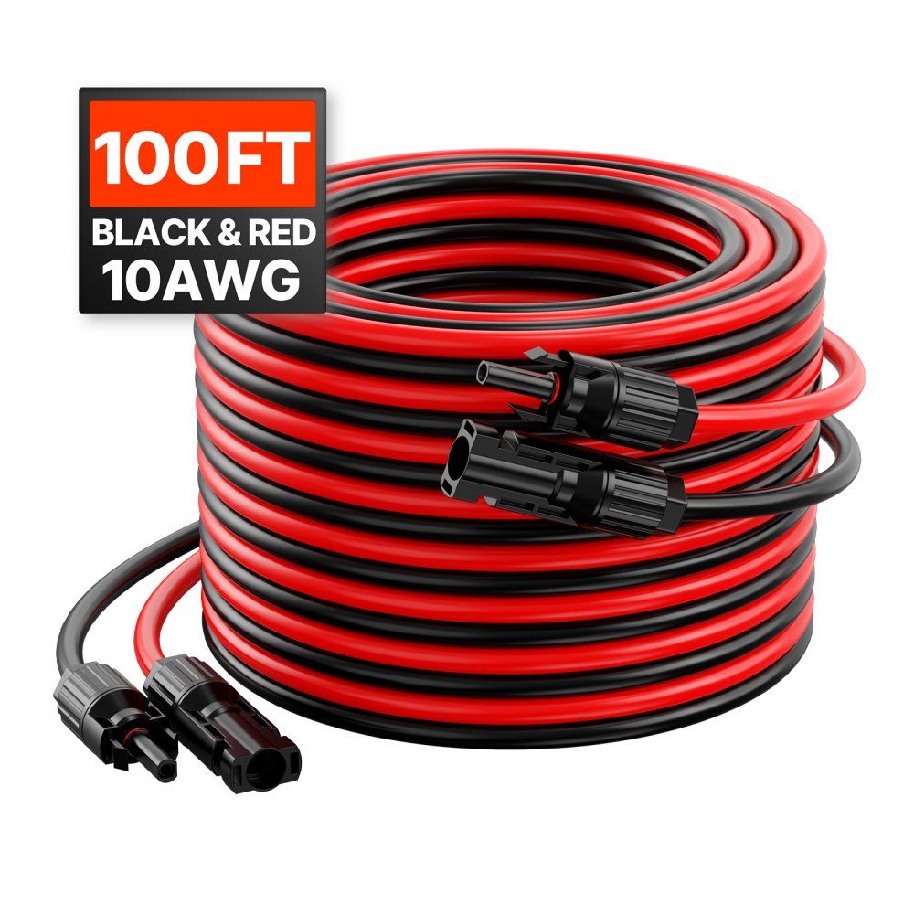 Solar Cable 100ft Extension Cable Set of 2 6mm²/10AWG Cable with Waterproof Female and Male Connectors PV Cable for Home, Marine and RV Solar Panels Black and Red