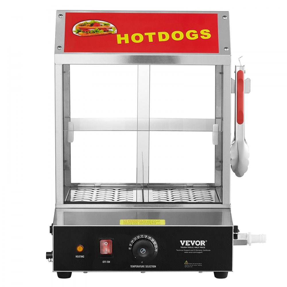 Parowiec do hot dogów, 2-poziomowy parowiec do hot dogów, 27 l, regulacja temperatury 30 ℃ ~ 85 ℃, elektryczny podgrzewacz bułek z drzwiami przesuwnymi z hartowanego szkła, szczypce do płytek oddzielających, stal nierdzewna, do hot dogów i bułek