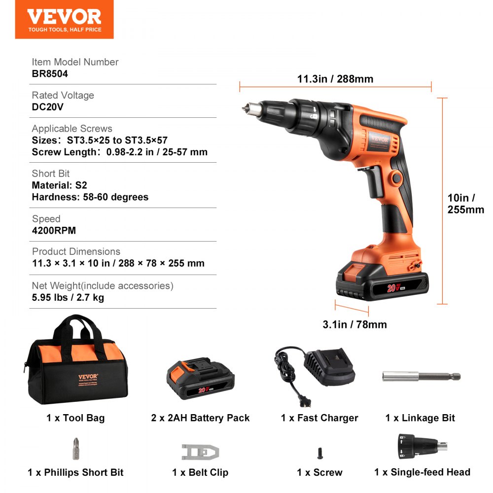 Gipsplaatschroevendraaier, 20V Max gipsplaatschroevendraaier, borstelloze 4200 RPM draadloze gipsplaatschroevendraaier, set van 2 batterijen, oplader, riemclip en gereedschapstas, vooruit- en achteruitversnelling