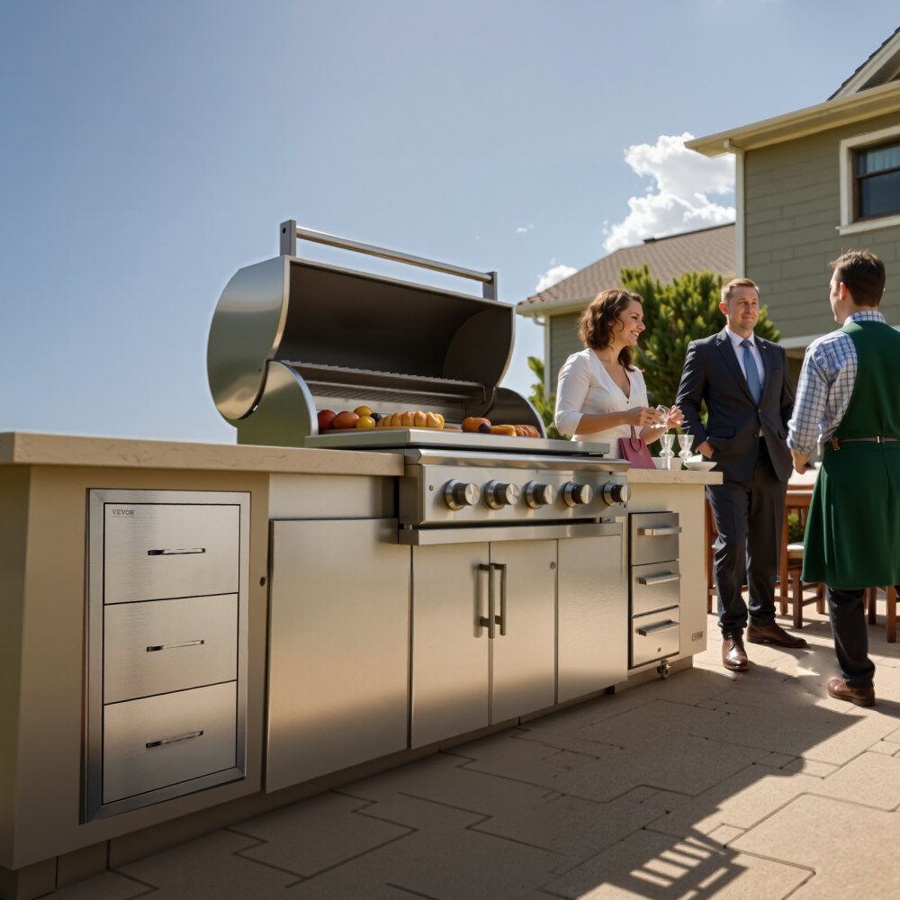 Buitenkeukenladen 16"B x 28,5"H x 20,5"D, roestvrijstalen verzonken grillladen met drievoudige toegang en handgreep, grilleilandladen voor buitenkeukens of terrasgrillstations