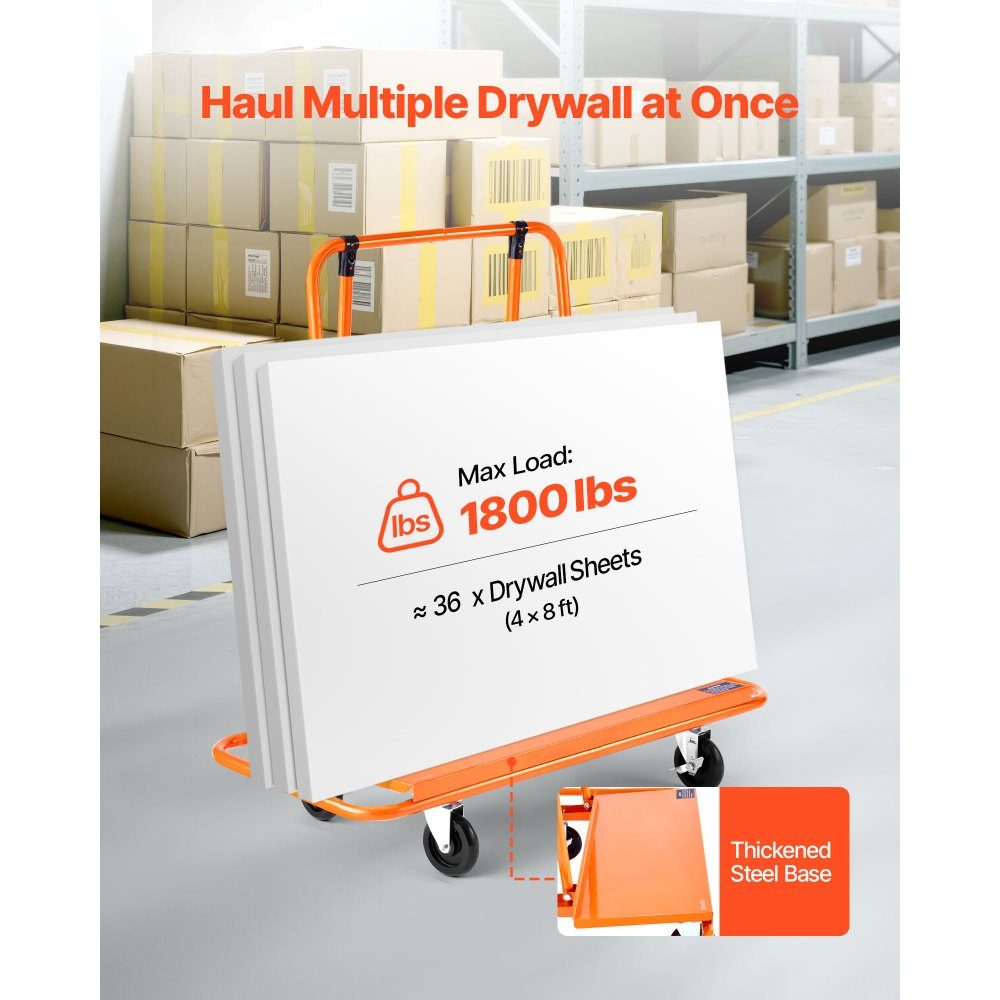 Plattenwagen, 816 kg Tragkraft, Transportwagen mit 4 Lenkrollen, Plattenwagen, Plattenwagen mit Spanngurt, Transporthilfe für Sperrholz, Gipskarton, Glas, Orange, 1150x555x1180 mm