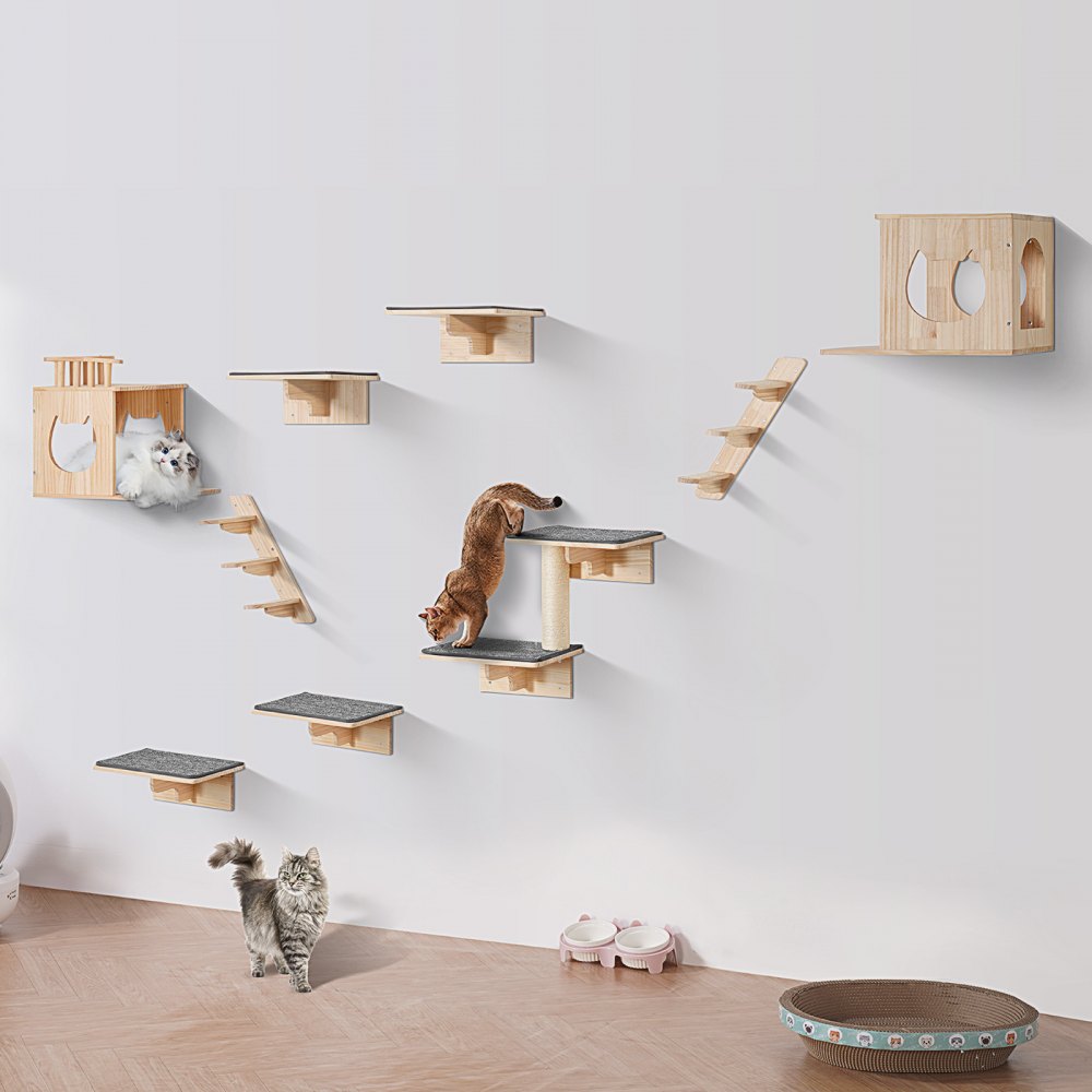 Wandgemonteerde kattenplanken, kattenwandplanken en zitstokken met springplanken, kattenbedden, hangmatten en krabpaal, kattenmeubels en planken tot 18 kg voor slapen, spelen, klimmen, set van 9 Wandgemonteerde kattenplanken, kattenwandplanken en zitstokken met springplanken, kattenbedden, hangmatten en krabpaal, kattenmeubels en planken tot 18 kg voor slapen, spelen, klimmen, set van 9