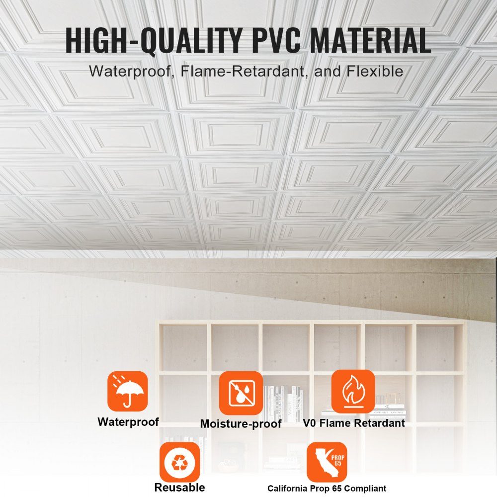 Ceiling Tiles, 12 Pack 24x24 Inch Suspended Ceiling Tiles Made of High Quality PVC Board, Easy Installation/Cutting, Stick-On Plastic Ceiling Tiles, Ceiling Panel for Home/Office Decoration, White Pen Pattern