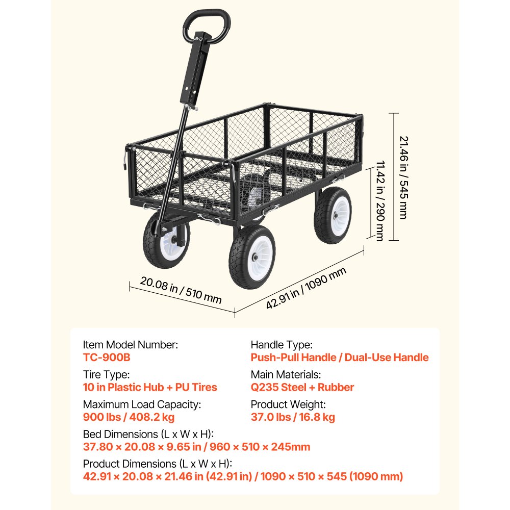 Handcart 408.2 kg load capacity, garden cart with PU tires, transport cart with adjustable handle, removable side walls, handcart for attachment to ATV or tractor, black Handcart 408.2 kg load capacity, garden cart with PU tires, transport cart with adjustable handle, removable side walls, handcart for attachment to ATV or tractor, black