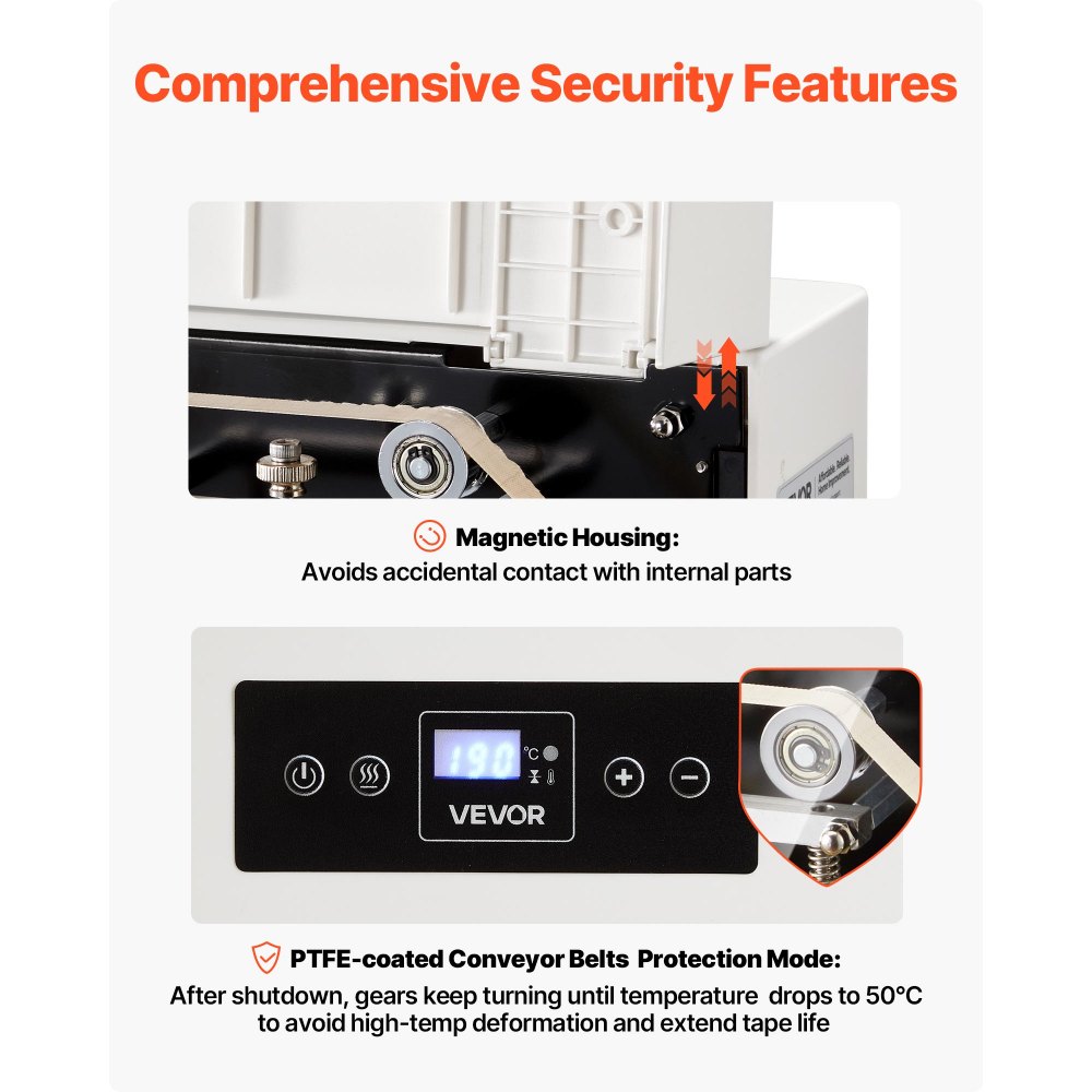 Sealing machine, 8-12mm sealing width, automatic continuous belt welder with digital temperature control, automatic switch-off, heat sealer for 0.06-0.2mm plastic bags Sealing machine, 8-12mm sealing width, automatic continuous belt welder with digital temperature control, automatic switch-off, heat sealer for 0.06-0.2mm plastic bags