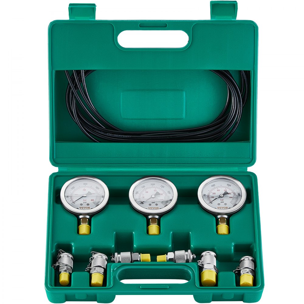Zestaw do testowania ciśnienia hydraulicznego, 250/400/600 barów, 3 manometry, 6 złączy testowych, 3 węże testowe, zestaw mierników hydraulicznych do koparek z przenośną torbą transportową do koparek, ciągników i maszyn budowlanych
