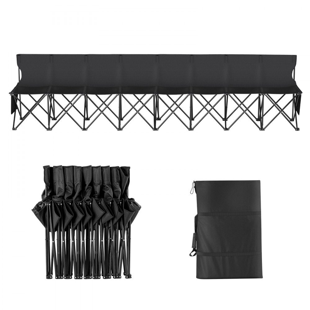 Portable Folding Bench 8 Seater Folding Side Bench Outdoor Camping Bench Chair with Carry Bag and Backrest Team Sports Side Bench for Football Fishing No Assembly Required Instant Sit Black
