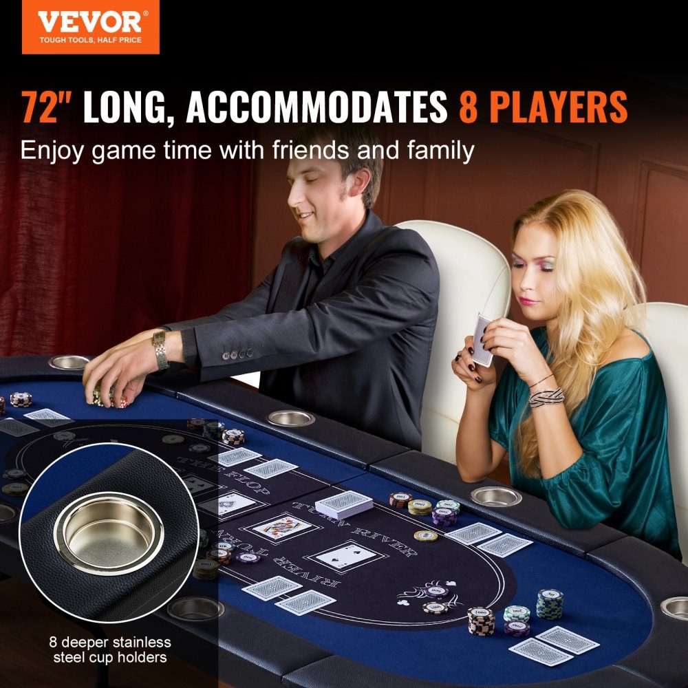 Casino Pokertafel Klaptafelpoten 1830 x 820 x 720 mm (L x B x H) Opvouwbare pokertafel Zwart Blauw Poker Pad Klaptafel voor 8 spelers Pokertafel met stofkap Draagbaar