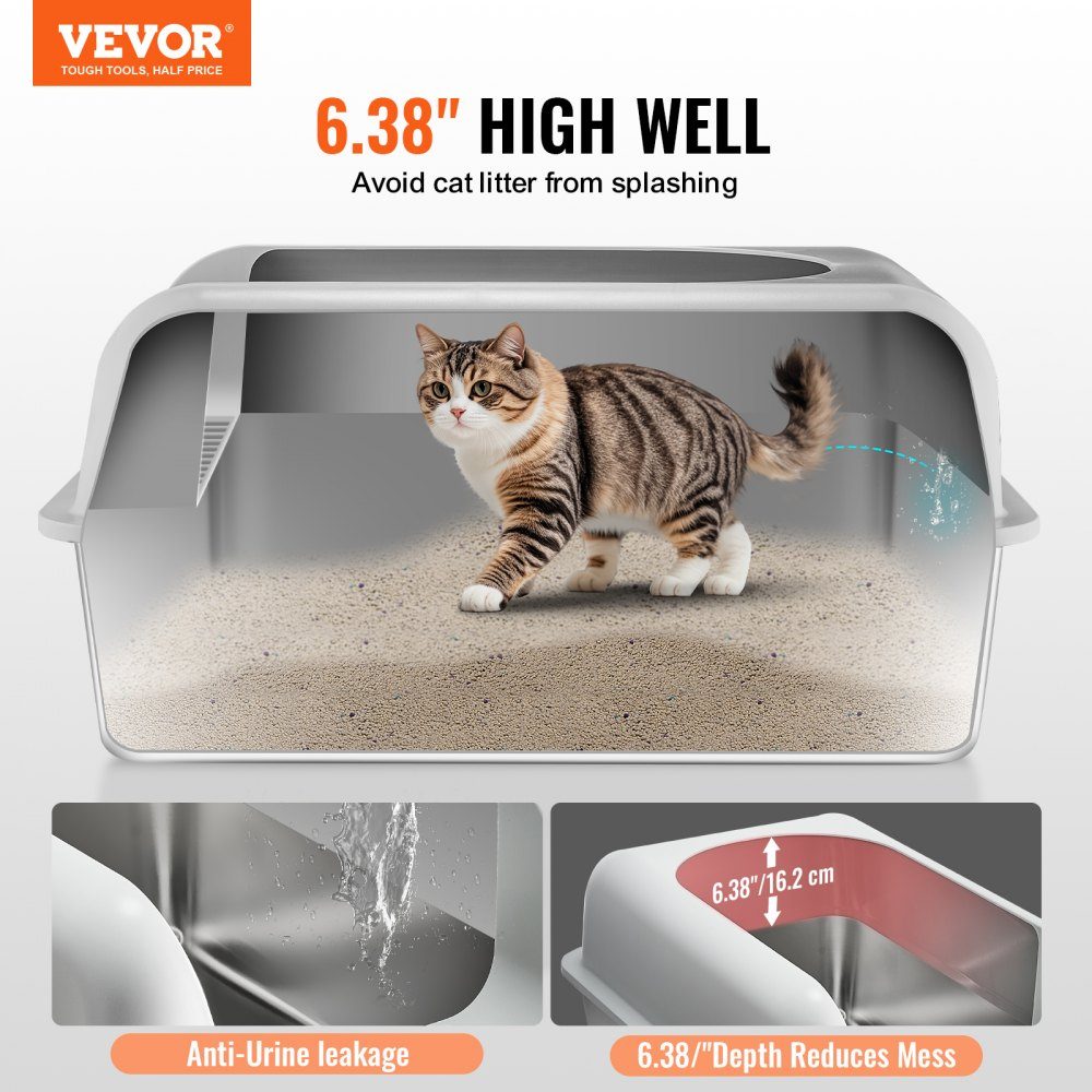 Litter Box 6" Deep XL Extra Large Stainless Steel Litter Box with Scoop Wide Filter Base and High Sides Closed Odor Free Easy Clean Litter Box Suitable for Large Cats