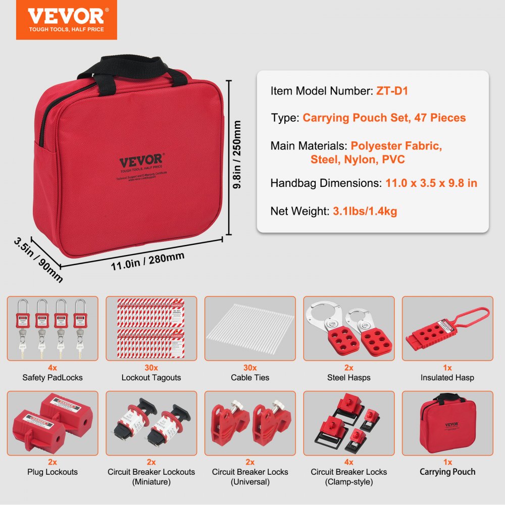 Elektrische vergrendeling Tagout-set, 47-delige Loto-beveiligingsset met hangsloten, grendels, tags, nylon riemen, stekkervergrendelingen, stroomonderbrekervergrendelingen en draagtas