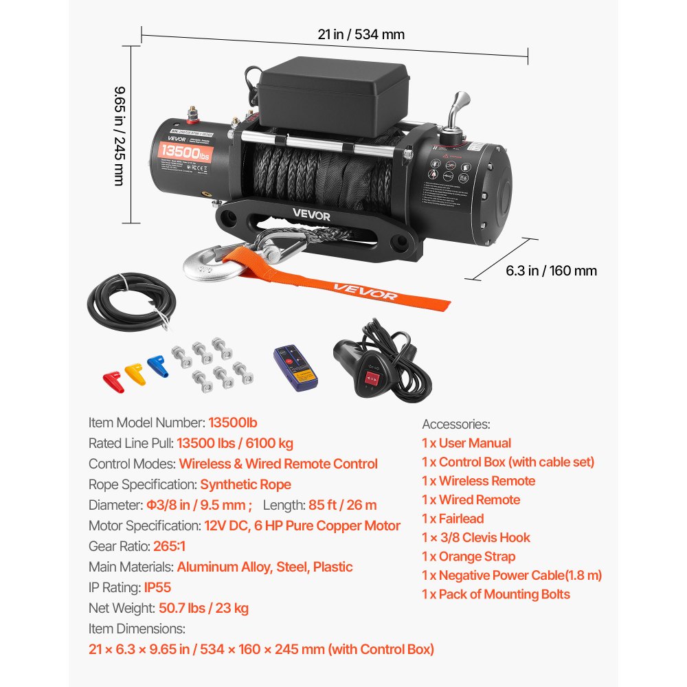 Elektrische Winde, 6100 kg, 12 V DC elektrische Winde mit 26 m synthetischem Seil, kabellose und kabelgebundene Fernbedienung, IP55, zum Ziehen von SUVs, Jeeps, Anhängern und Booten Elektrische Winde, 6100 kg, 12 V DC elektrische Winde mit 26 m synthetischem Seil, kabellose und kabelgebundene Fernbedienung, IP55, zum Ziehen von SUVs, Jeeps, Anhängern und Booten