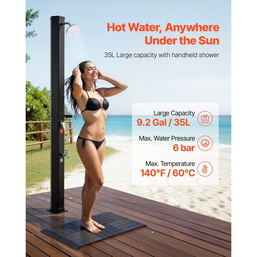 Solardouche 35L, tuindouche 2160 mm buitendouche met bodemplaat en voetbevestiging, zwembaddouche warm- en koudwaterregeling, campingdouche voor tuin, zwembad, strandzwembad, zwart