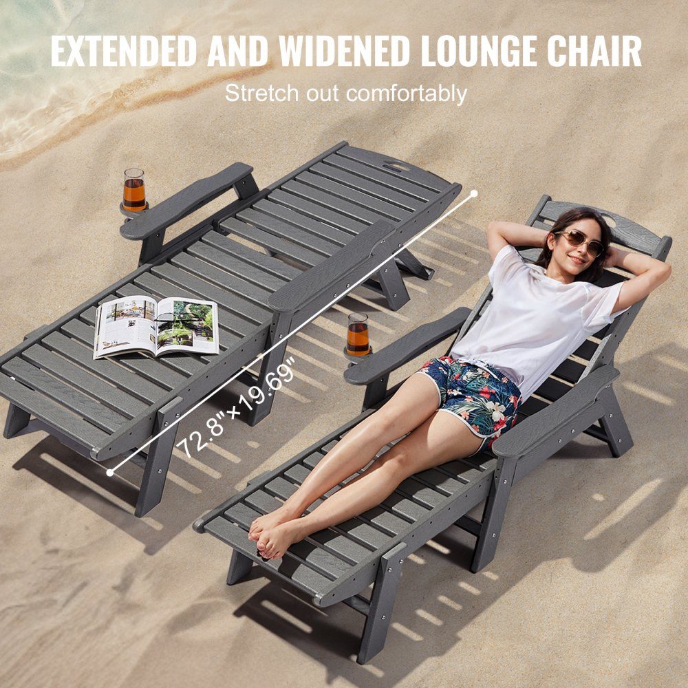 Sun Lounger 400lb Load HDPE Garden Lounger Beach Lounger with 6 Way Adjustable Backrest Armrest Cup Holder Balcony Lounger Patio Lounger for Pool Patio Patio Lawn Gray