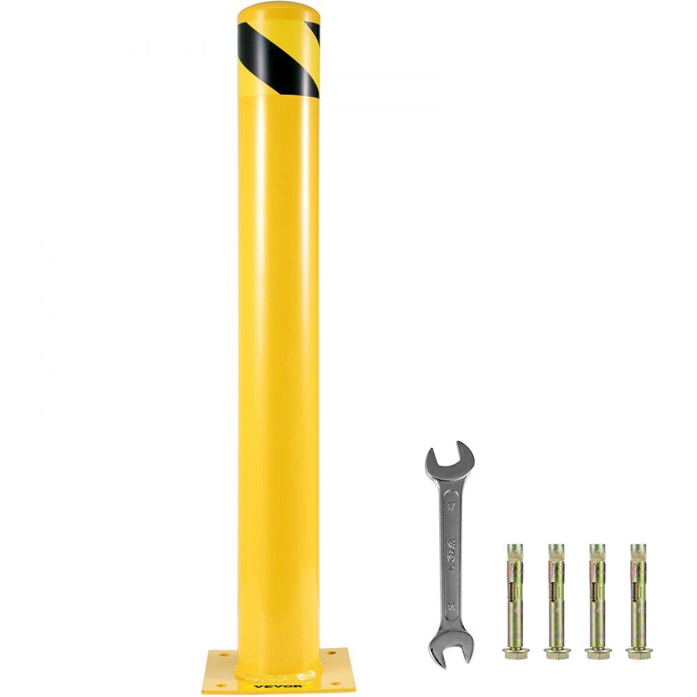 Borne de sécurité, poteau en acier, hauteur 122 cm, profondeur 14 cm, signalisation jaune, barrière tubulaire en acier