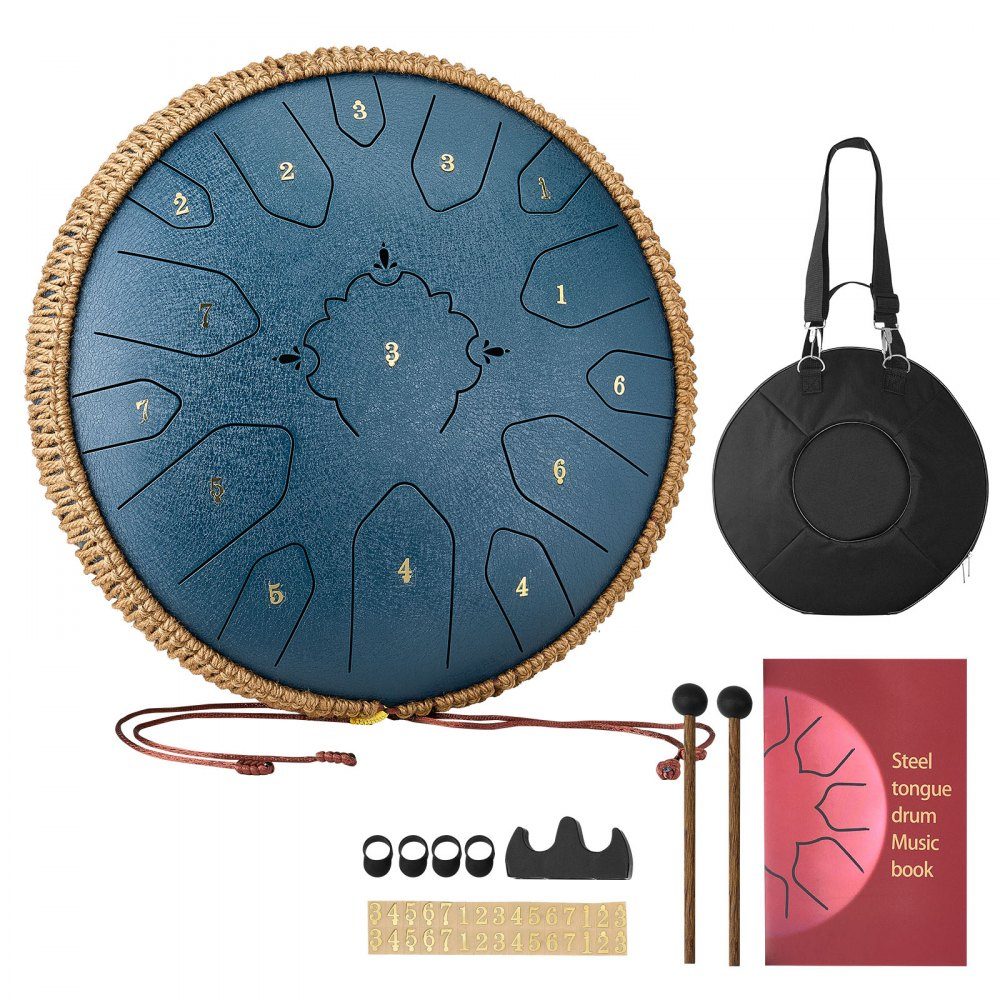 Tongdrum, 13" 15 noten regentrommel, C Major muziekdrums met muziekboek en hamers, stalen tongtrommel voor meditatie, yoga, muzikale training voor beginners, marineblauw