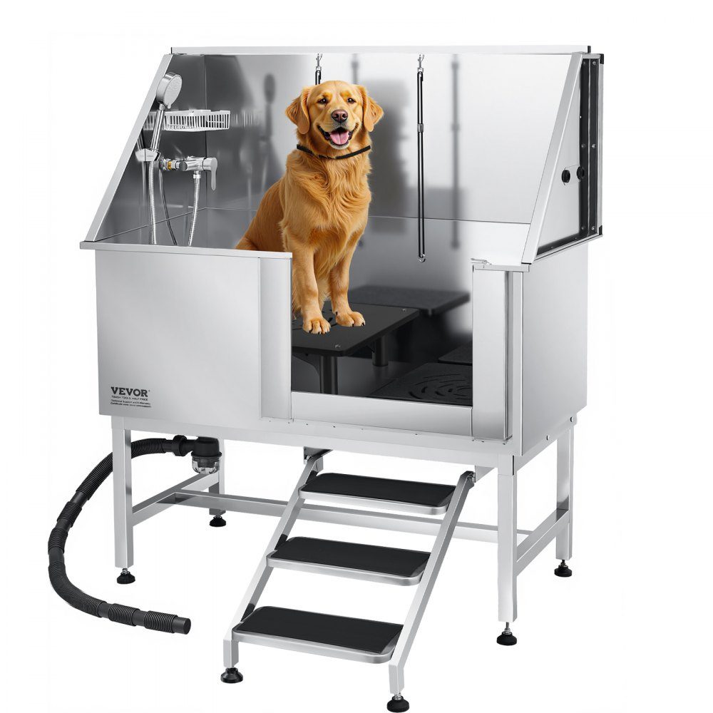Station de lavage pour chien en acier inoxydable, baignoire de toilettage pour animaux de compagnie, 1270 x 700 x 1545 mm, avec escalier, plaque de filtre à eau en PE, robinet, pomme de douche et porte-savon pour animaux de grande, moyenne et petite taill