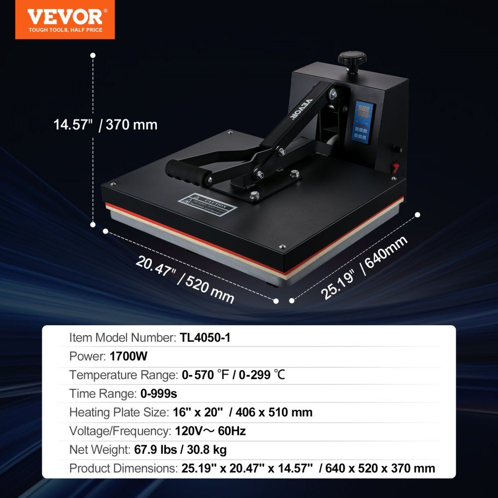 Heißluftpresse, 1700 W Leistung, schnell aufheizend, Hochdruck-Wärmepresse für T-Shirts, digitaler industrieller Sublimationsdrucker für Wärmeübertragungs-Vinyl, 40,6 x 50,8 cm