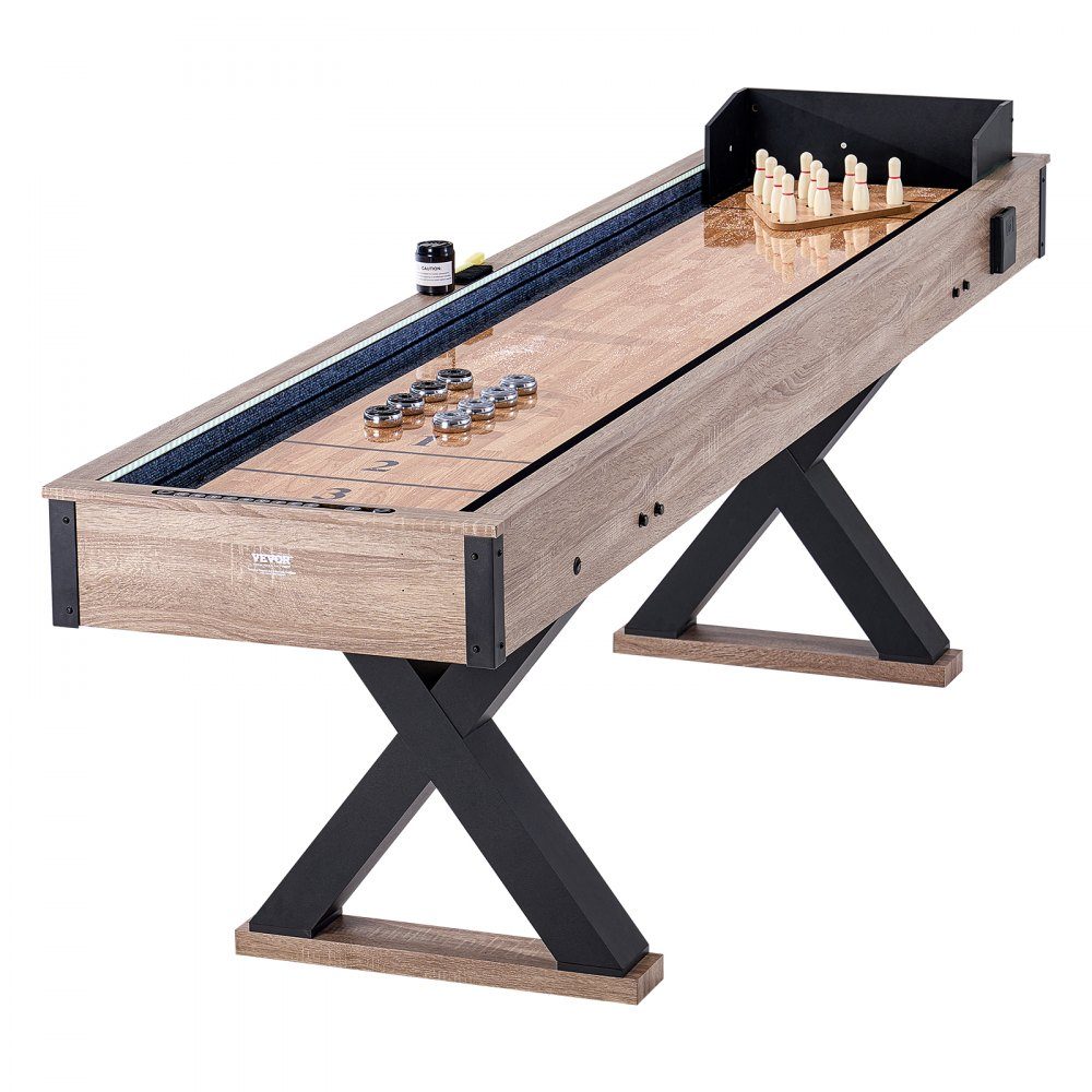 Shuffleboard Table, 9ft Shuffleboard with LED Lights for Family Game Room, 2 in 1 Shuffleboard and Bowling Combo Game Set, with Anti-Scratch Board, Legs, 8 Pucks, Bowling Set, Wax, Brush