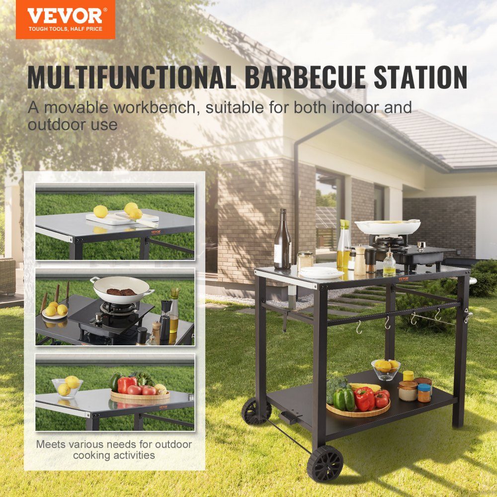 Servierwagen, Küchenwagen, 100 x 64 x 83,5 cm, Outdoor-Grill-Esswagen mit doppelter Ablage, beweglicher Grilltisch für die Zubereitung von Speisen, multifunktionale Tischplatte aus schwarzem Eisen