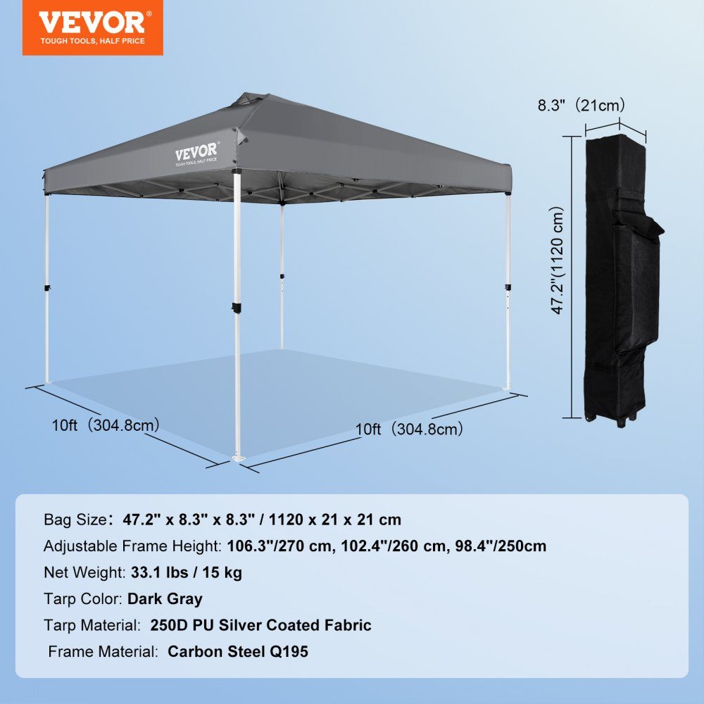 Pavillon 304,8 x 304,8 x 320 cm, Gartenzelt, 250D PU, silberbeschichteter Stoff, Faltpavillon inklusive Aufbewahrungstasche, Partyzelt, 6–8 Personen, Pop-Up-Zelt, Faltzelt, Gartenpavillon für Campingausflug