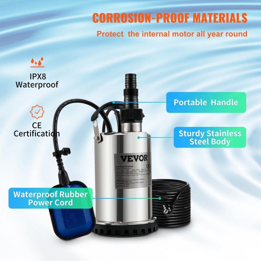 Vuilwaterpomp 550W dompelpomp 230V tuinpomp opbrengst 9500L/u vuilwater dompelpomp IPX8 uitlaat op maat te knippen voor het verpompen van water uit zwembaden, vijvers, kelders