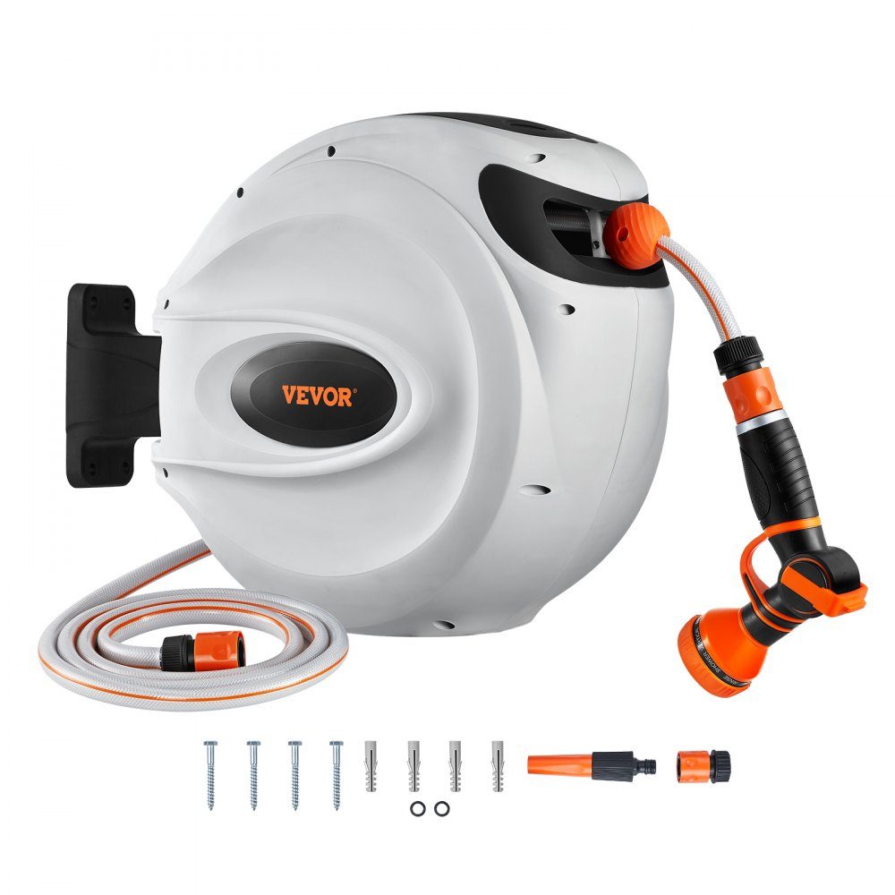 Water hose reel 25mx12mm with wall bracket, carrying handle, hose reel with 9-pattern spray nozzle & garden hose, 180° swiveling wall hose box with automatic drum, irrigation, car washing