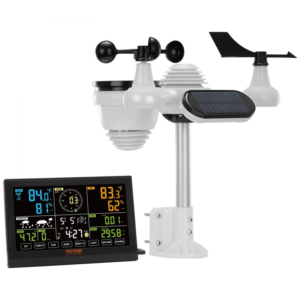 7 in 1 Weather Station, Wireless Weather Station with Outdoor Sensor, 190.5mm (7.5") Color Display, RCC Atomic Clock for measuring wind direction, wind speed, air pressure, indoor/outdoor temperature and humidity, moon phase