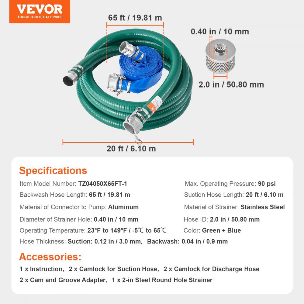 Saugschlauchset, mit 50,8 mm x 19,81 m blauem Rückspülschlauch, 6,1 m grünem Saugschlauch und Stahlsieb mit Rundloch, Camlocks, Klemmen, Nocken- und Nutadapter, für verschiedene Zwecke