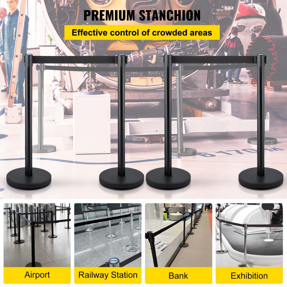 Personengeleidingssysteem 4 stands, totale hoogte 90 cm VIP-barrière met vierwegadapter, afbakeningsstandaard, slagboomstandaard met 2 m lengteband voor luchthaven, stalen en ijzeren standaard, zwart