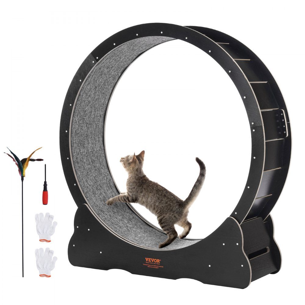 Katzenlaufrad aus Holz, 110 cm großes Katzenlaufband für Hauskatzen, Katzenlaufrad mit abnehmbarem Teppich und Katzenangel zum Laufen/Gehen/Training, geeignet für die meisten Katzen, Schwarz