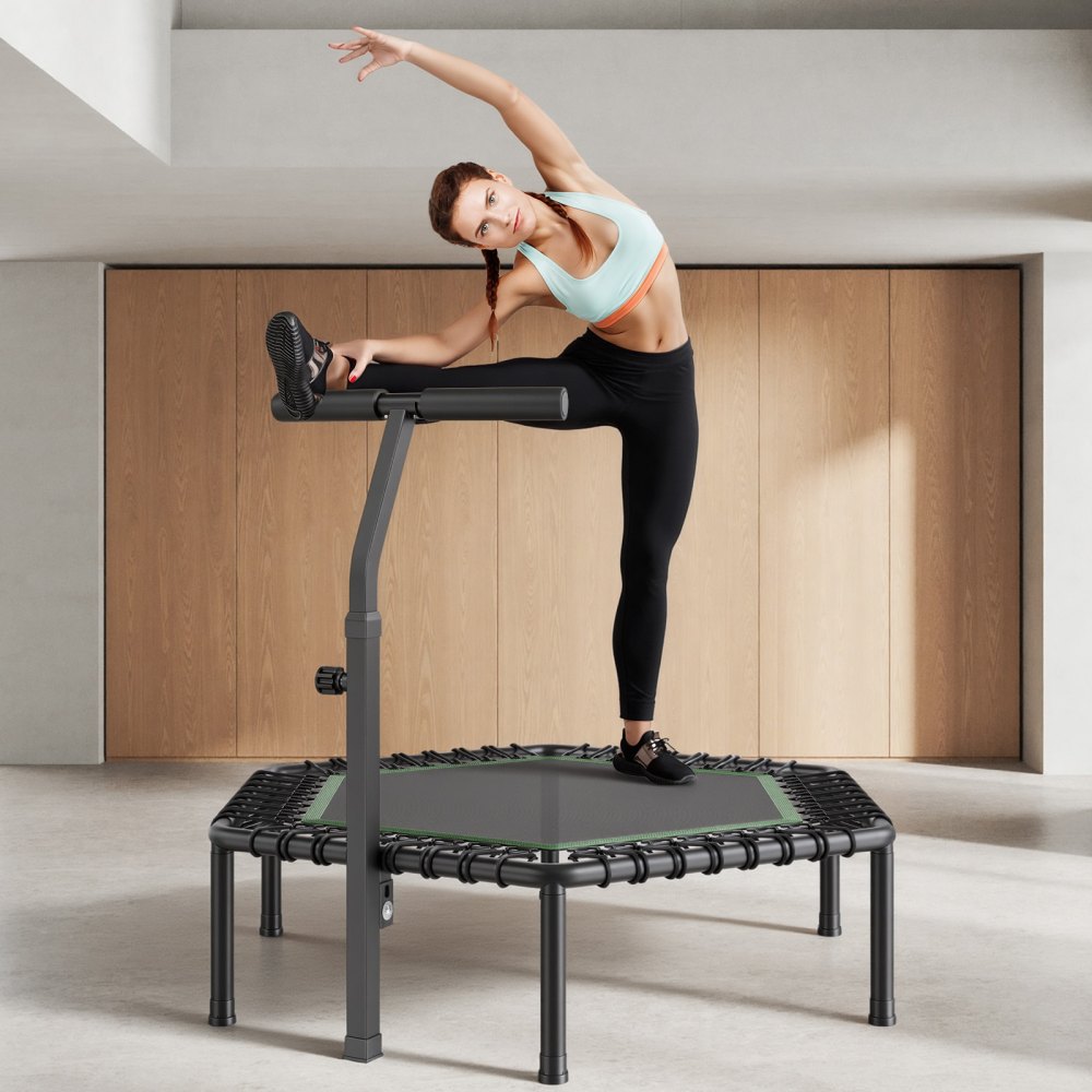 Indoor fitnesstrampoline voor volwassenen, mini-trampoline met een draagvermogen van 205 kg, rebounder-trampoline van 1385 mm met in 3 niveaus in hoogte verstelbare handgreep en schuimrubberen handgreep, hometrainer, sportuitrusting Indoor fitnesstrampoline voor volwassenen, mini-trampoline met een draagvermogen van 205 kg, rebounder-trampoline van 1385 mm met in 3 niveaus in hoogte verstelbare handgreep en schuimrubberen handgreep, hometrainer, sportuitrusting