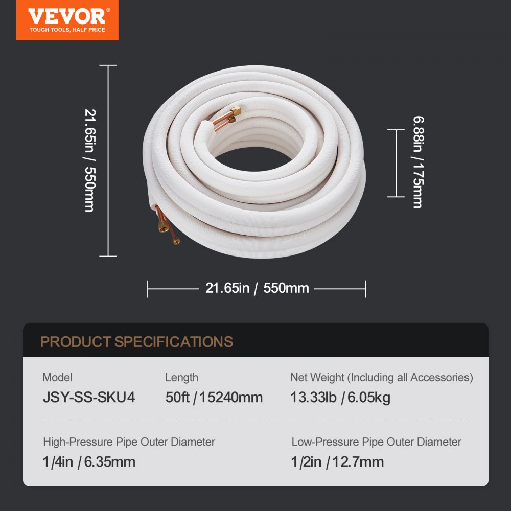 50FT mini split line kit, 1/4" and 1/2" OD copper tubing with triple layer insulation, for mini split air conditioning, refrigerant or heat pump equipment and HVAC with 50FT mini split line kit, 1/4" and 1/2" OD copper tubing with triple layer insulation, for mini split air conditioning, refrigerant or heat pump equipment and HVAC with