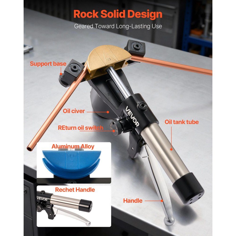 Hydraulic pipe bender, 6-22 mm, pipe bender 90°, forward, with 7 colored aluminum alloy jaws, for repairs in heating, ventilation and air conditioning, refrigeration and automotive technology