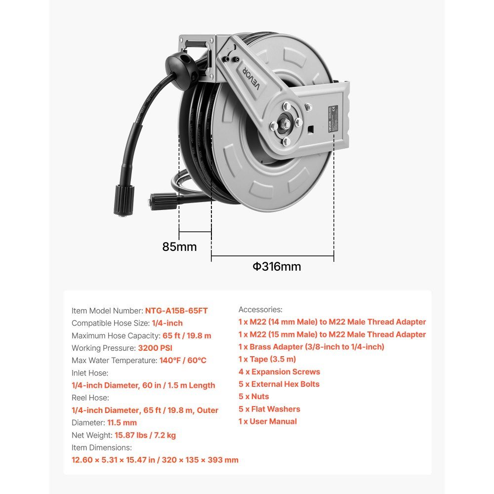 Hochdruckreiniger-Schlauchaufroller, 19,8 m x 6,35 mm, Stahlschlauchaufroller, 220 bar max. automatische Rückwicklung, flexible Wand-/Bodenmontage für Autowaschanlage, Gartenbodenreinigung