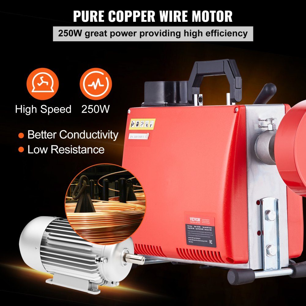 250W Rohrreinigungsmaschine Rohrreinigungsgerät, 20mx15,8mm/4,6mx9,5mm Stahlkabel für Rohre von 4-10 cm, mit 7 Schnellwechsel-Rohrschneidern für Wohnungen, Büros und öffentliche Räume