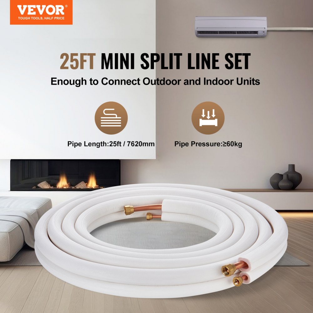25FT Mini Split Line Kit, 1/4" and 1/2" OD Copper Pipes with Triple Layer Insulation, for Mini Split Air Conditioners, Refrigeration or Heat Pump Equipment and HVAC with Wrap St 25FT Mini Split Line Kit, 1/4" and 1/2" OD Copper Pipes with Triple Layer Insulation, for Mini Split Air Conditioners, Refrigeration or Heat Pump Equipment and HVAC with Wrap St