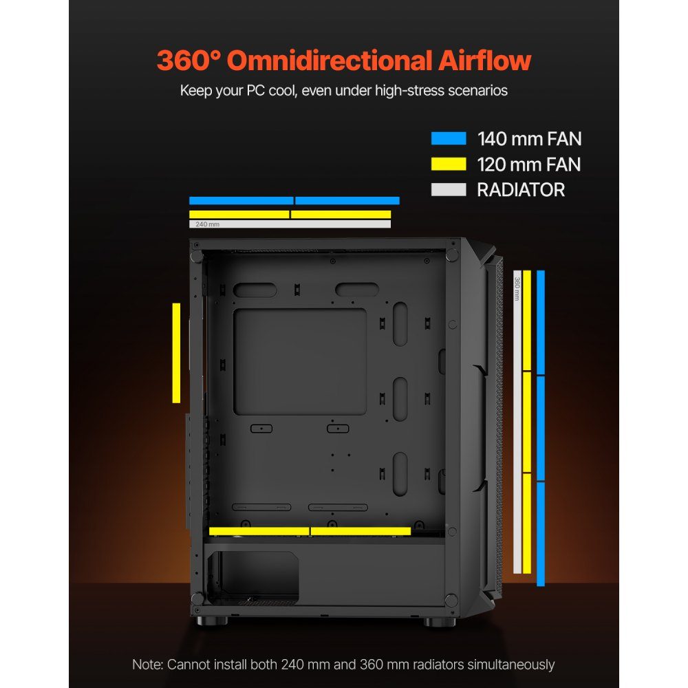 PC Gaming Case, Mid-Tower, High Airflow Tempered Glass Panel, Dust Filter, 4x 120mm ARGB Fans, Cable Management, for GPUs up to 320mm Length, for ATX / M-ATX / ITX