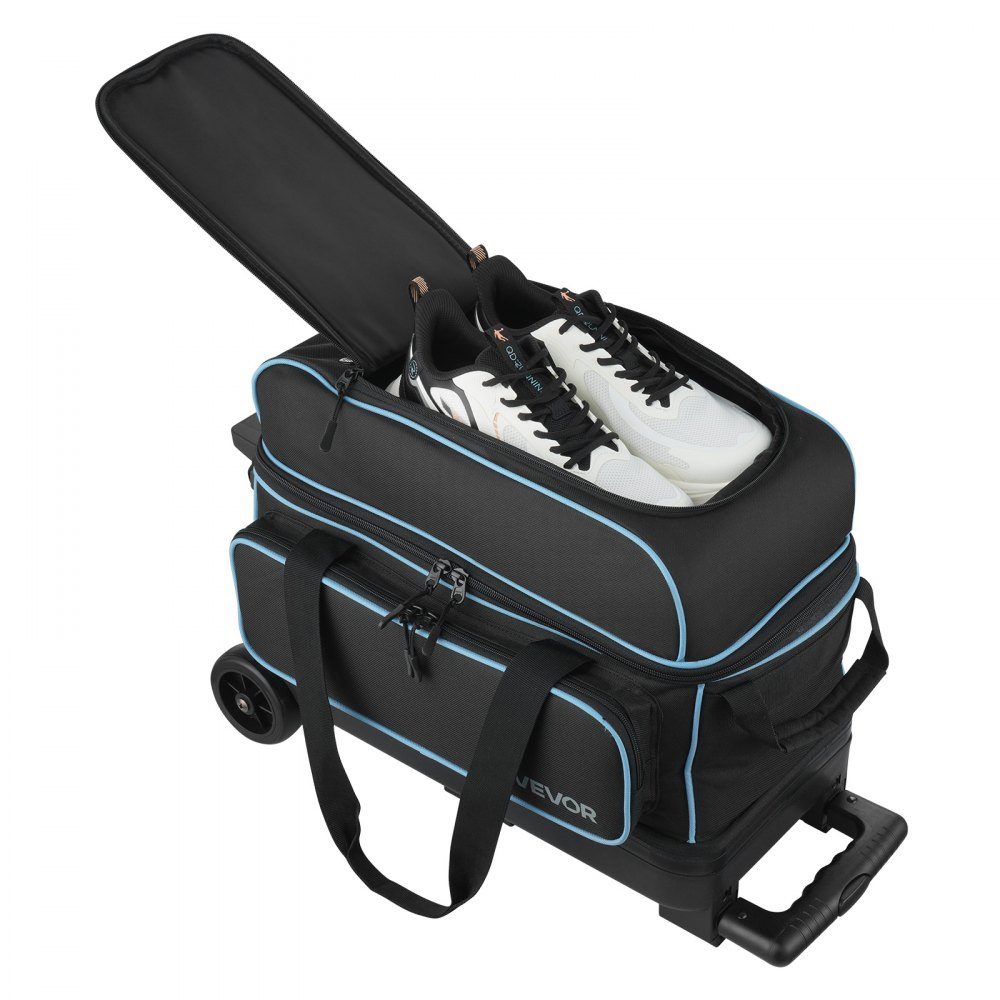 Bowlingballtasche für 3 Bälle mit Doppelrädern und separatem Fach für Schuhe (bis US-Größe 16) und übergroßer Zubehörtasche, ausziehbarer Griff, ausziehbar auf 105 cm, Schwarz + Blau