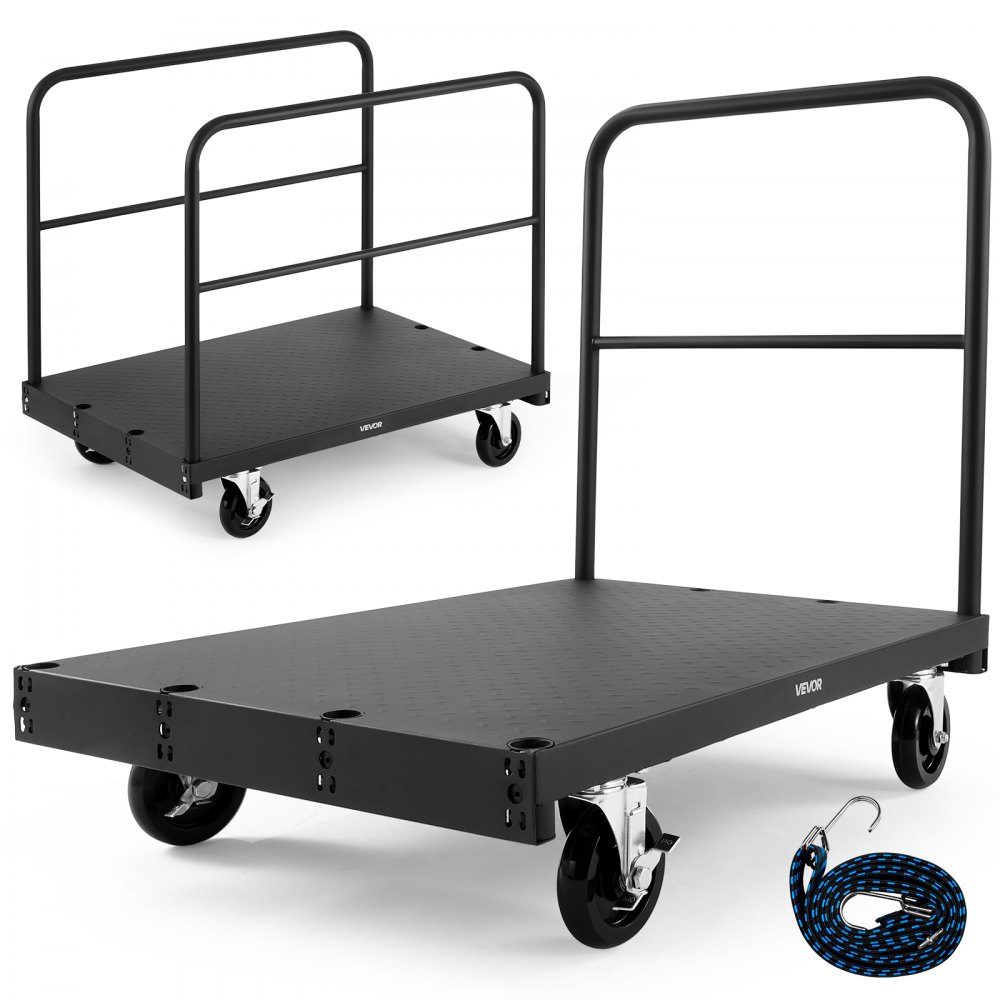 Plate trolley, 816 kg load capacity, 2-in-1 trolley with 360° swivel castors, 914x610 mm platform trolley with 3 side handrails, transport aid for factory, warehouse, garage, black